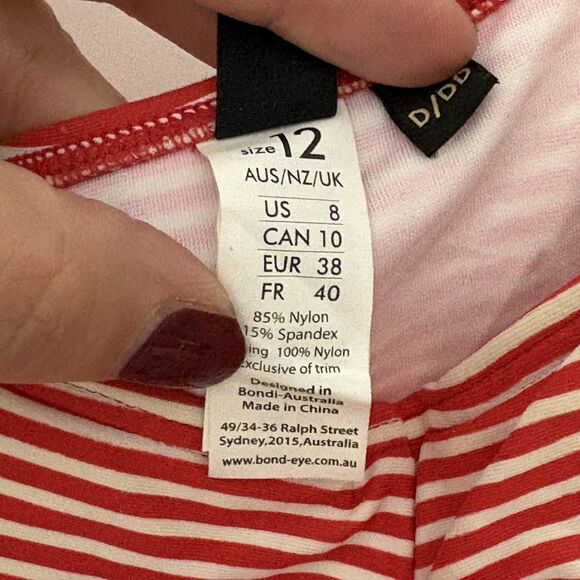 Bond-Eye Australia Ruched One Piece Red White Stripe 8 D/DD Retro Flattering - Picture 6 of 10